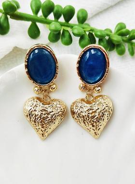 vintage中古耳环饰品蓝色立体爱心浮雕长款耳环银针大气C186