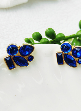 中古气质耳钉法式复古高级感蓝色水晶花朵耳钉设计耳饰潮C063
