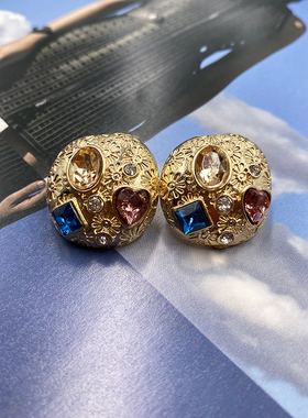 中式复古幻彩宝石耳钉复古赫本宫廷风耳夹时尚轻奢耳饰女B142