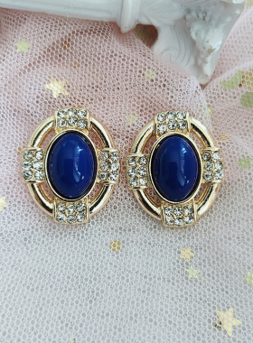 中古满钻水晶耳饰法式复古蓝色