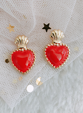 Vintage中古红色滴油珐琅桃心鎏金皇冠爱心耳钉轻奢复古耳饰B239