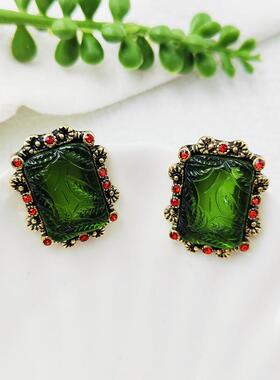 青岛中古耳环绿色花边琉璃复古做旧银针耳钉小众高级感耳饰C190