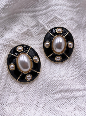 中式复古耳饰西洋古董银针个性时尚椭圆黑色滴釉珐琅釉耳钉B141