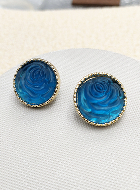 复古蓝色果冻树脂镶嵌玫瑰花耳钉几何圆形山茶花高级耳钉B953