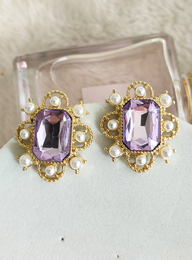 紫色方形宝石银针法式复古小众设计欧美气质百搭耳饰耳环耳夹B812
