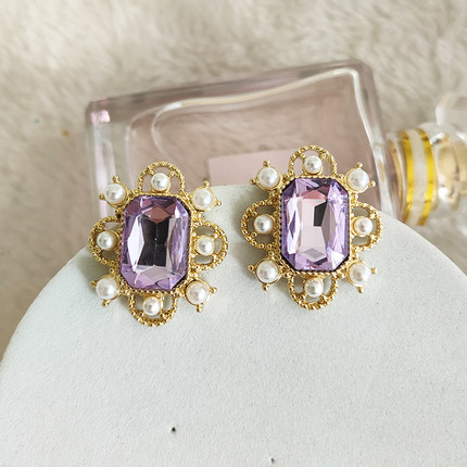 紫色方形宝石银针法式复古小众设计欧美气质百搭耳饰耳环耳夹B812