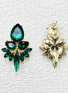 欧美彩钻奢华耳饰重工耳环复古宫廷风几何耳钉绿色宝石C040