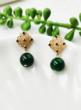 古风耳饰女森系仙女耳环绿色圆珠耳坠女气质百搭配旗袍C383
