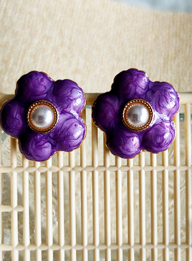 新款耳环女花朵小众设计感网红同款耳饰时尚气质百搭紫色耳钉B535