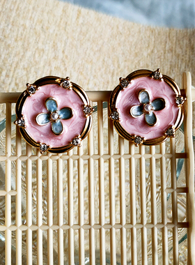 复古小众珐琅花朵耳钉圆形气质高级感油画耳环配饰女法式优雅B537