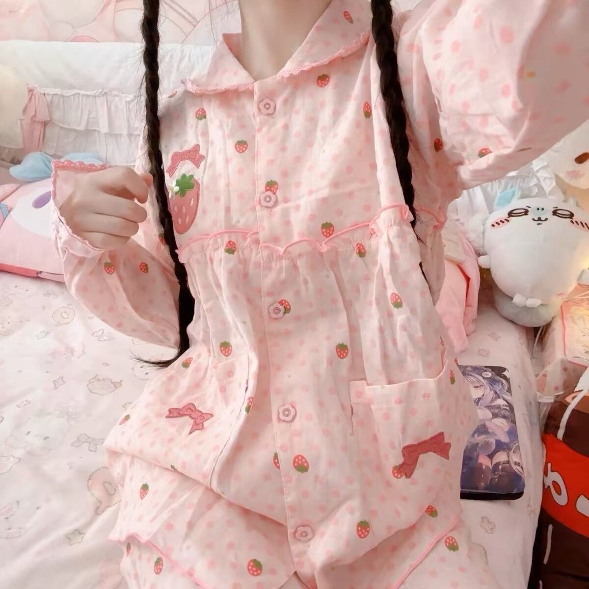 春秋可爱草莓波点印花少女娃娃领睡衣长袖长裤外穿家居服萌系套装