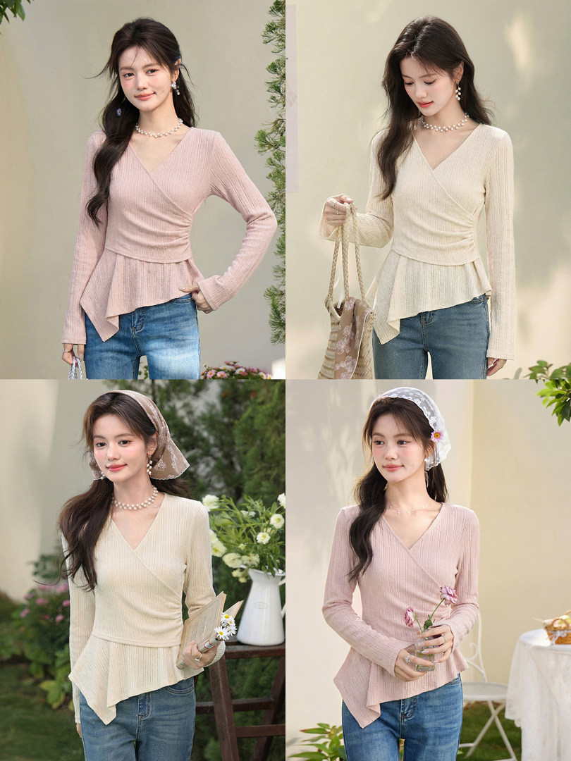 Pastel ribbed wrap-style long sleeve top worn by a model