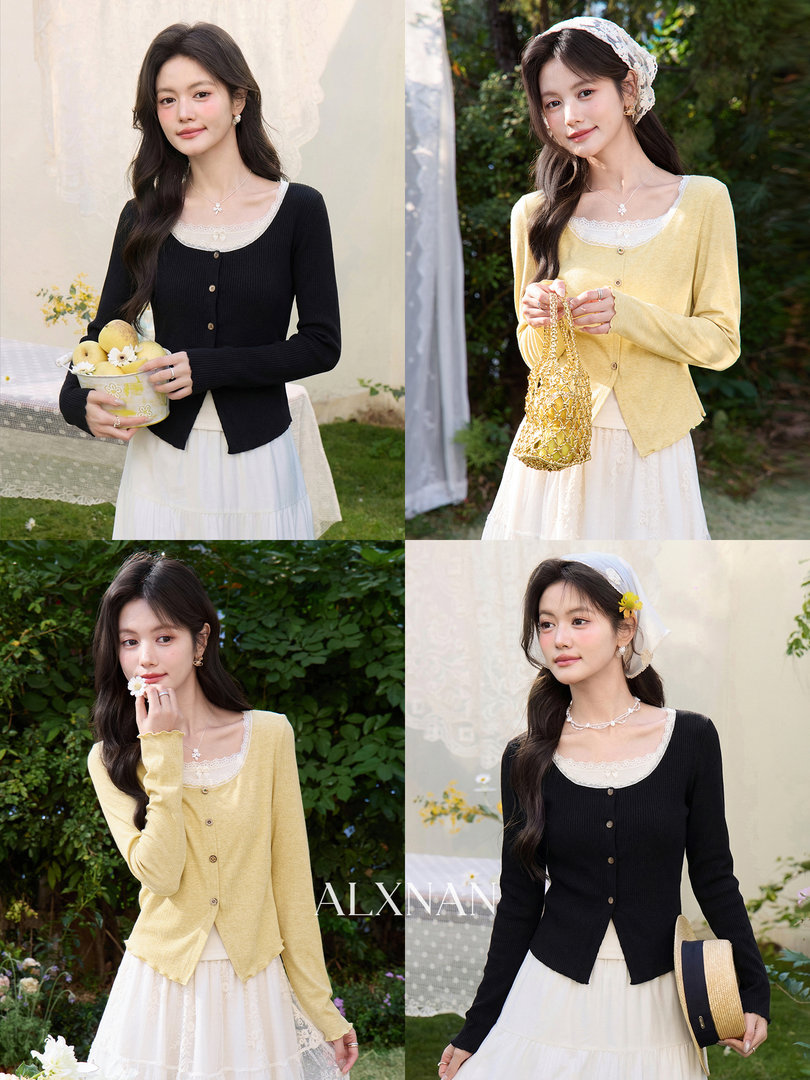 Model wearing a lace-trim knit cardigan in black and yellow