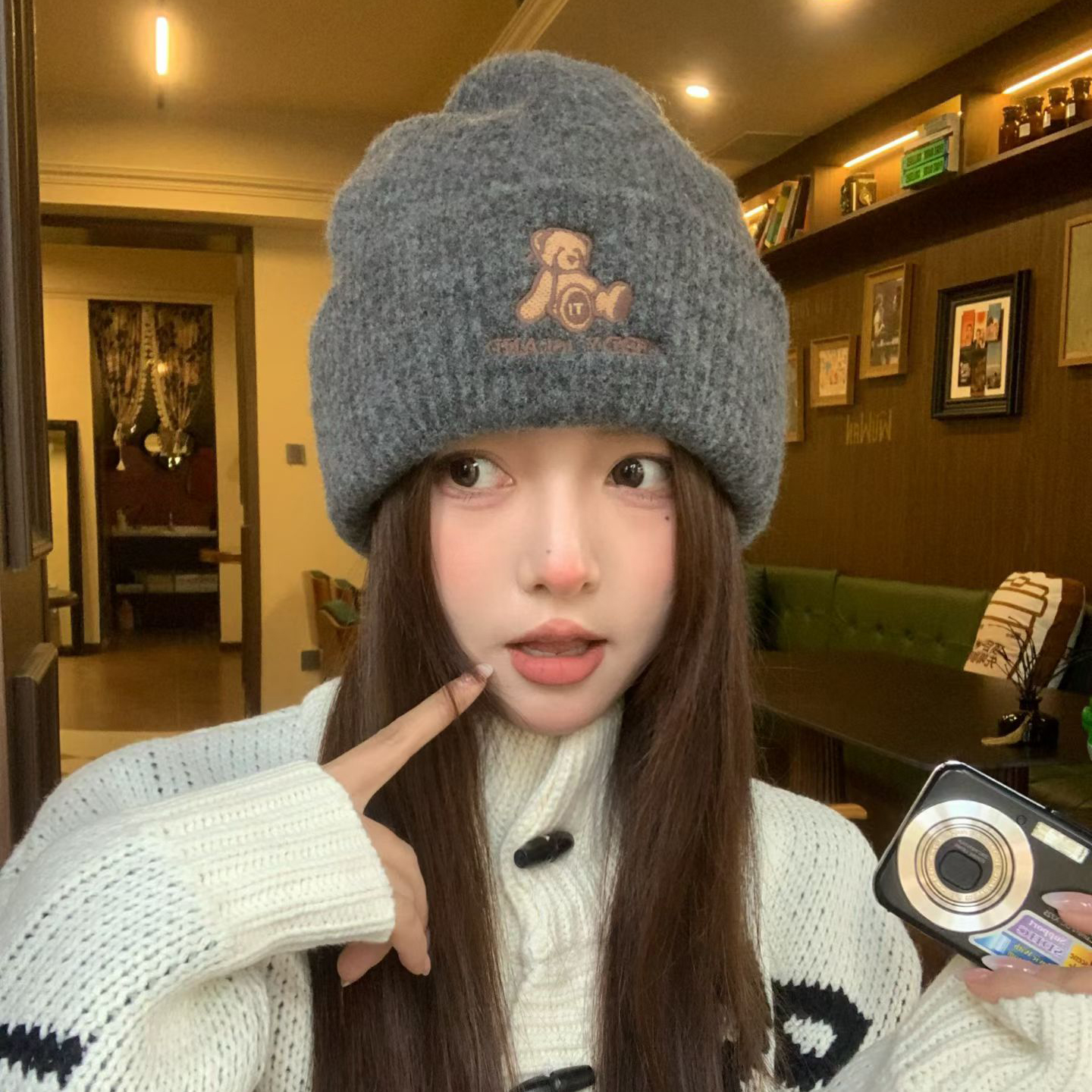 韩版小熊刺绣针织毛线帽保暖防寒