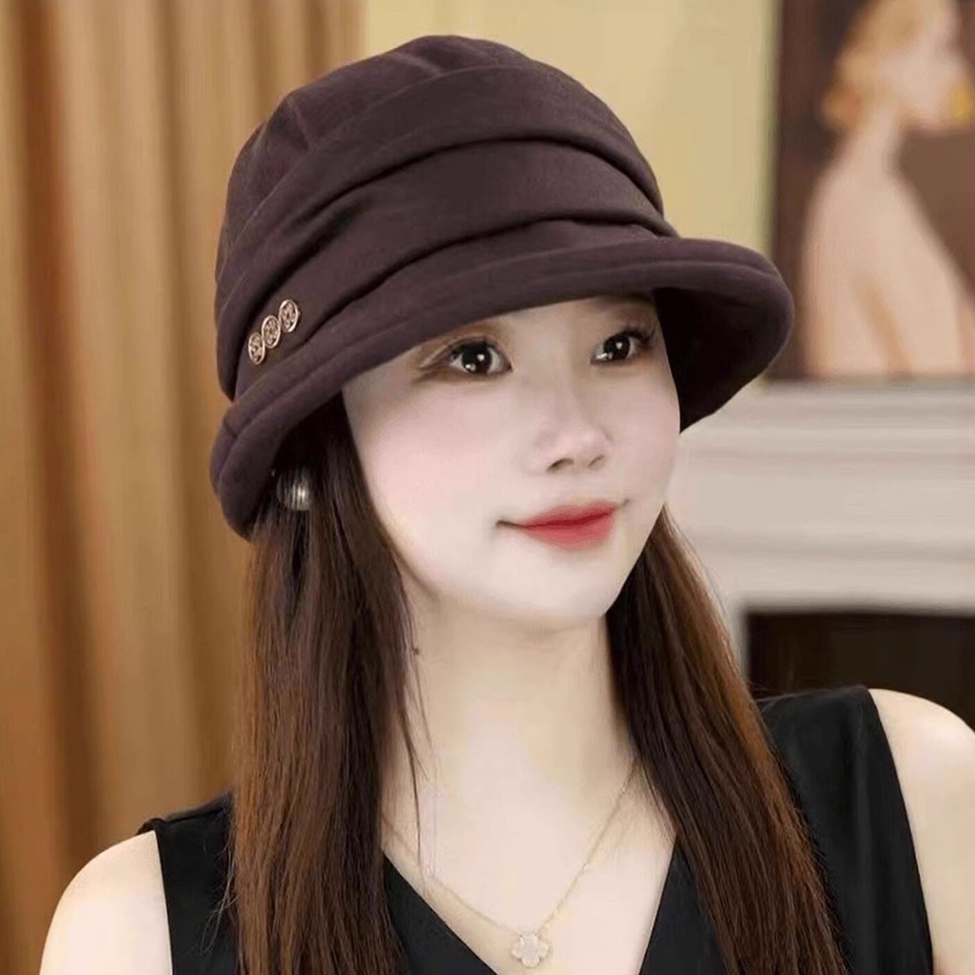 女简约简约褶皱渔夫帽防风显脸小