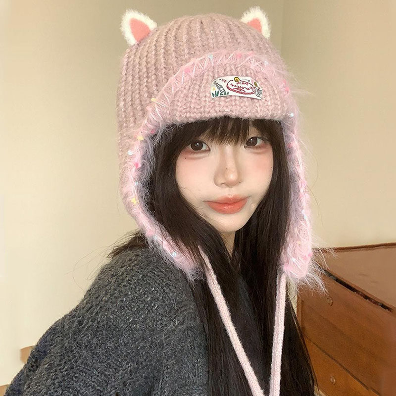 女冬季可爱猫耳朵针织防寒护耳帽