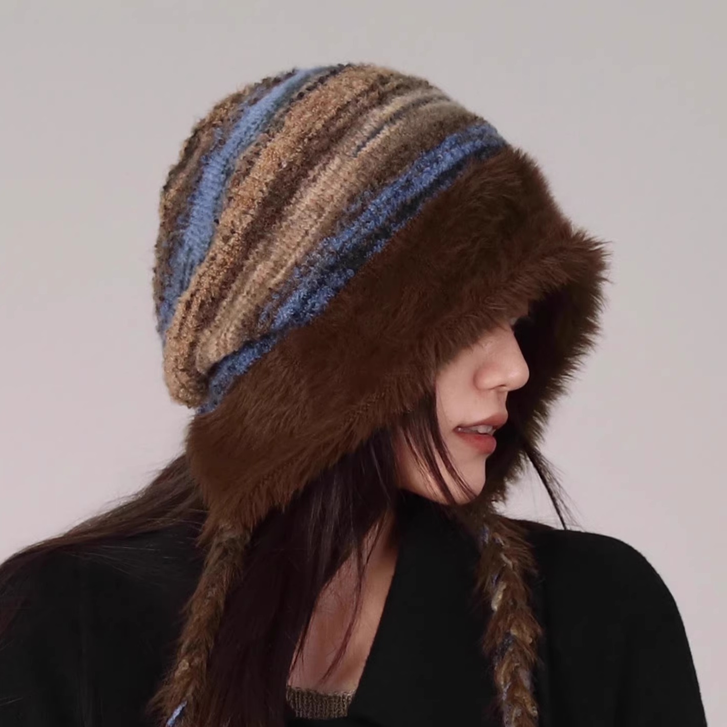 韩系混色针织毛绒帽保暖护耳帽女