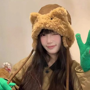可爱兔耳麂皮绒纯色毛绒帽子女秋冬季大头围保暖雷锋帽滑雪护耳帽
