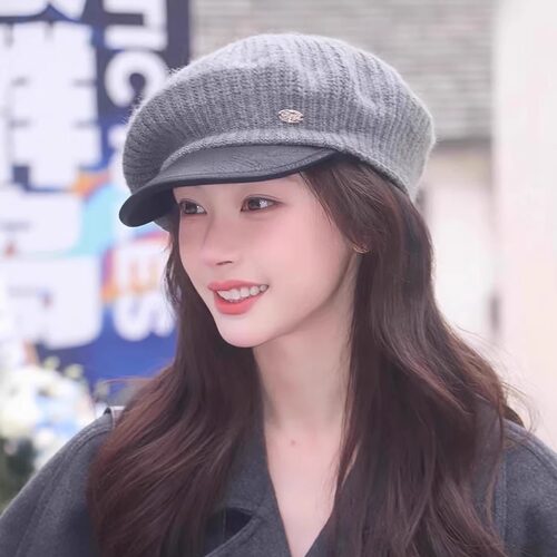 韩版皮质纯色针织贝雷帽女显脸小