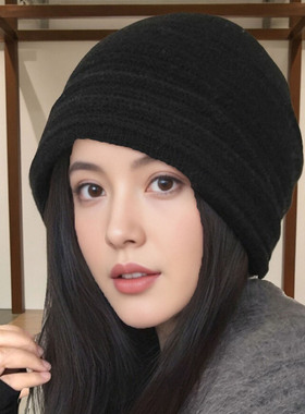 韩系高品质含羊毛针织堆堆帽子女秋冬季保暖护耳套头帽氛围感冷帽