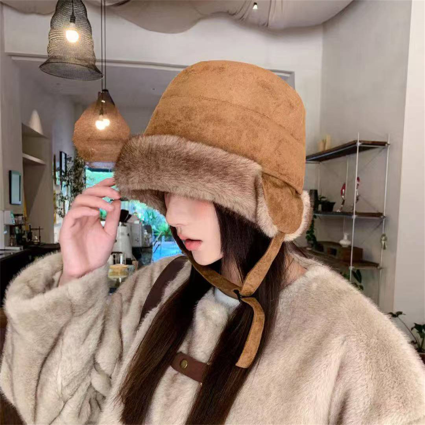 2025冬季新款麂皮绒加厚护耳雷锋帽百搭个性一帽多戴户外毛绒保暖
