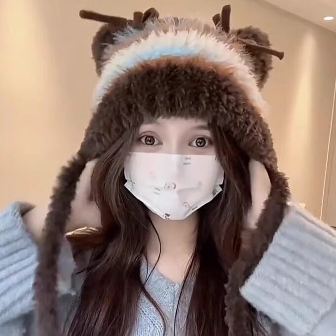 可爱猫咪毛绒针织帽女冬保暖加厚