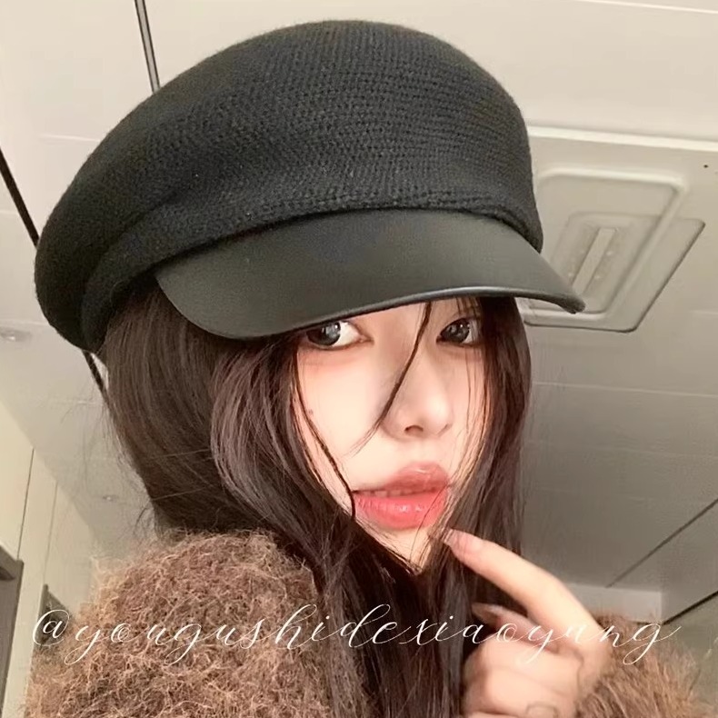 2025新款皮帽檐针织贝雷帽子女秋冬季保暖气质八角帽洋气报童冷帽