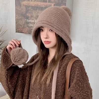 韩版绒球纯色针织帽保暖加绒护耳