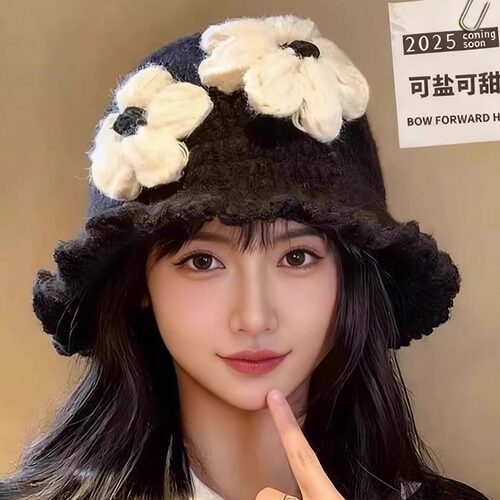 新款花朵针织渔夫帽子女秋冬保暖