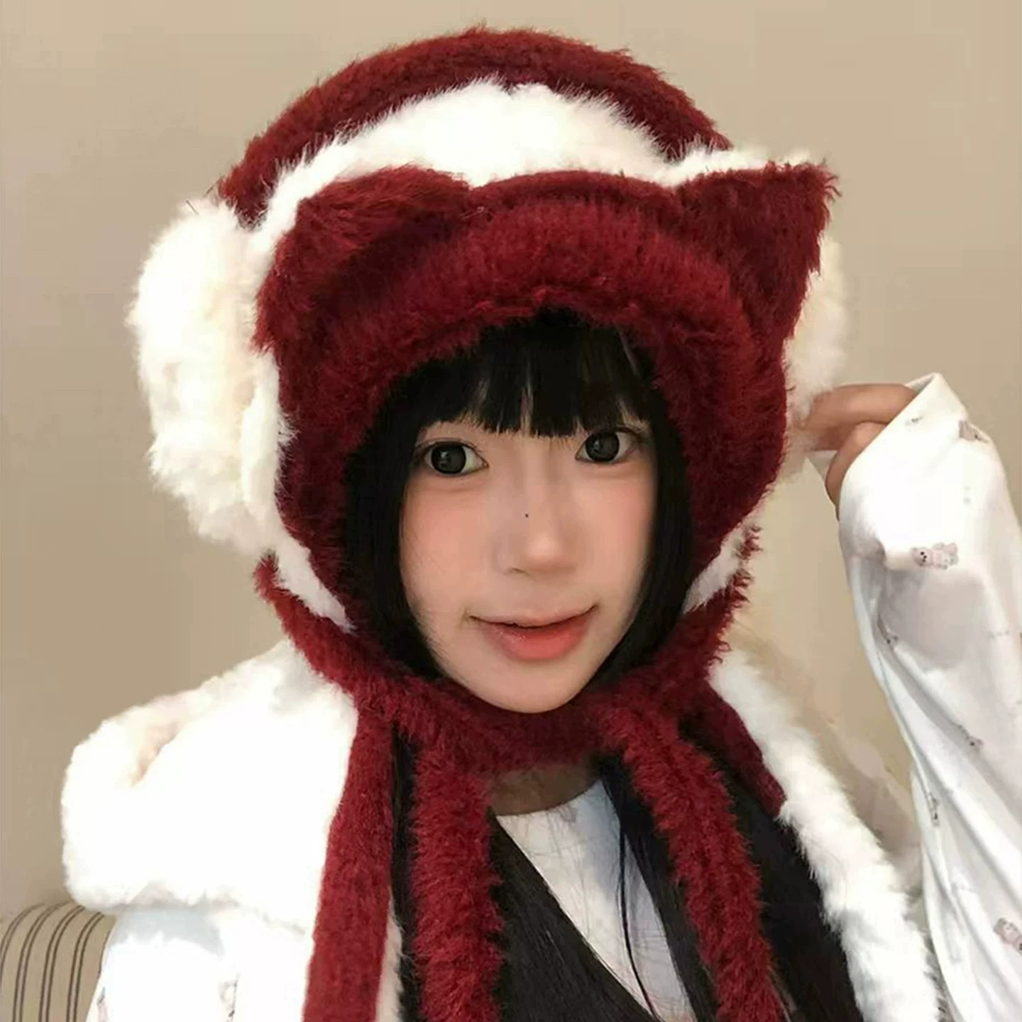 双面戴猫耳毛绒包头帽护耳毛线帽