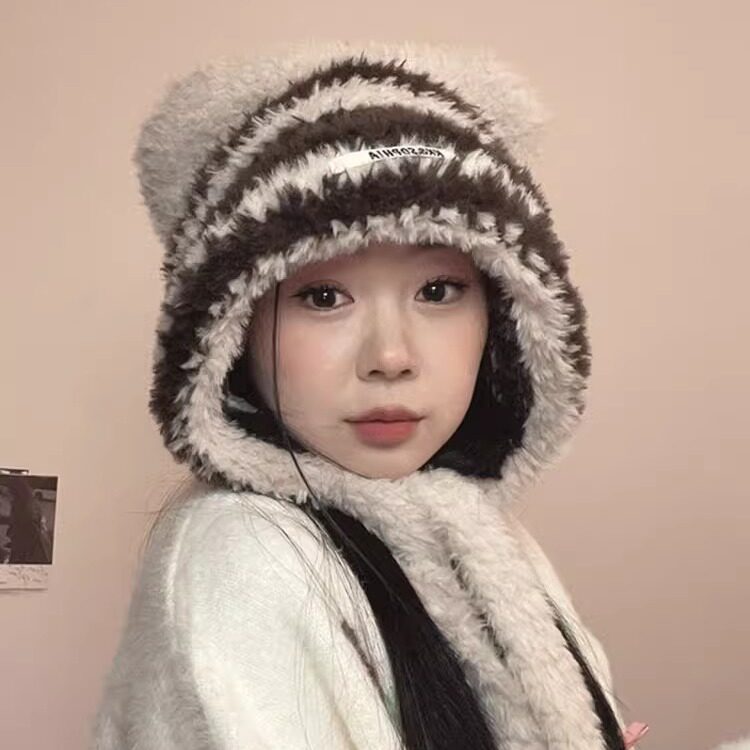 可爱小熊条纹毛绒帽保暖护耳帽女