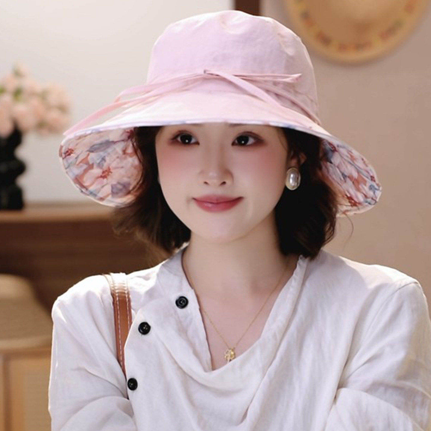 夏季双面戴时尚印花大檐渔夫帽女