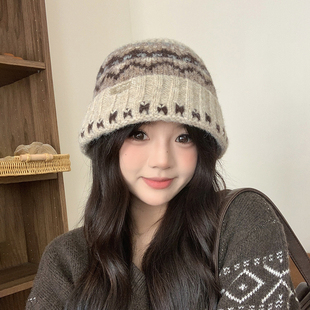 韩版复古费尔岛盆帽女2025新款秋冬季保暖护耳针织帽防寒显脸小
