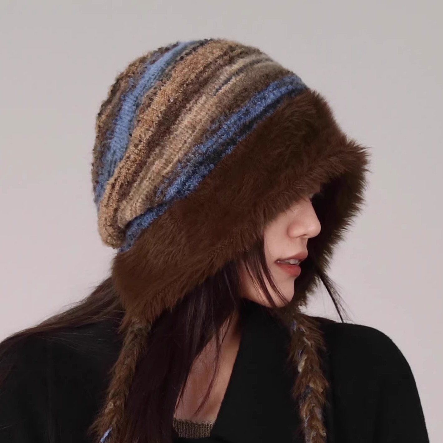 复古撞色毛绒包头帽保暖加绒护耳