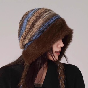 复古撞色毛绒包头帽子女秋冬季大头围保暖加绒护耳帽氛围感针织帽