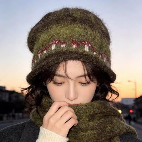 费尔岛大头围卷边针织堆堆帽保暖