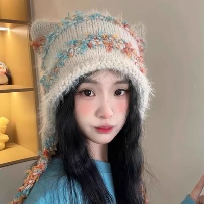 氛围感彩色流苏卷边针织帽女保暖