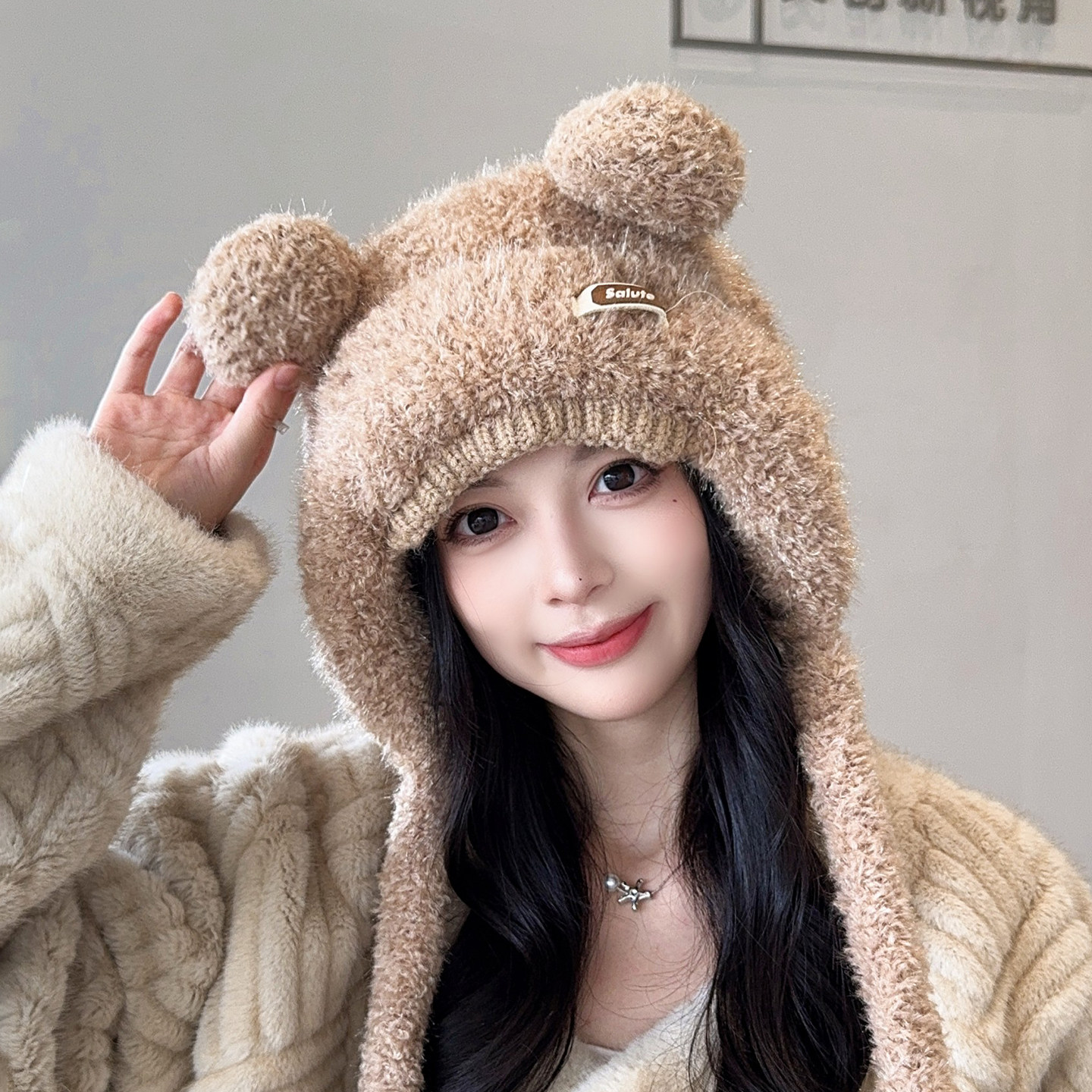可爱小熊耳朵毛绒针织帽防寒保暖