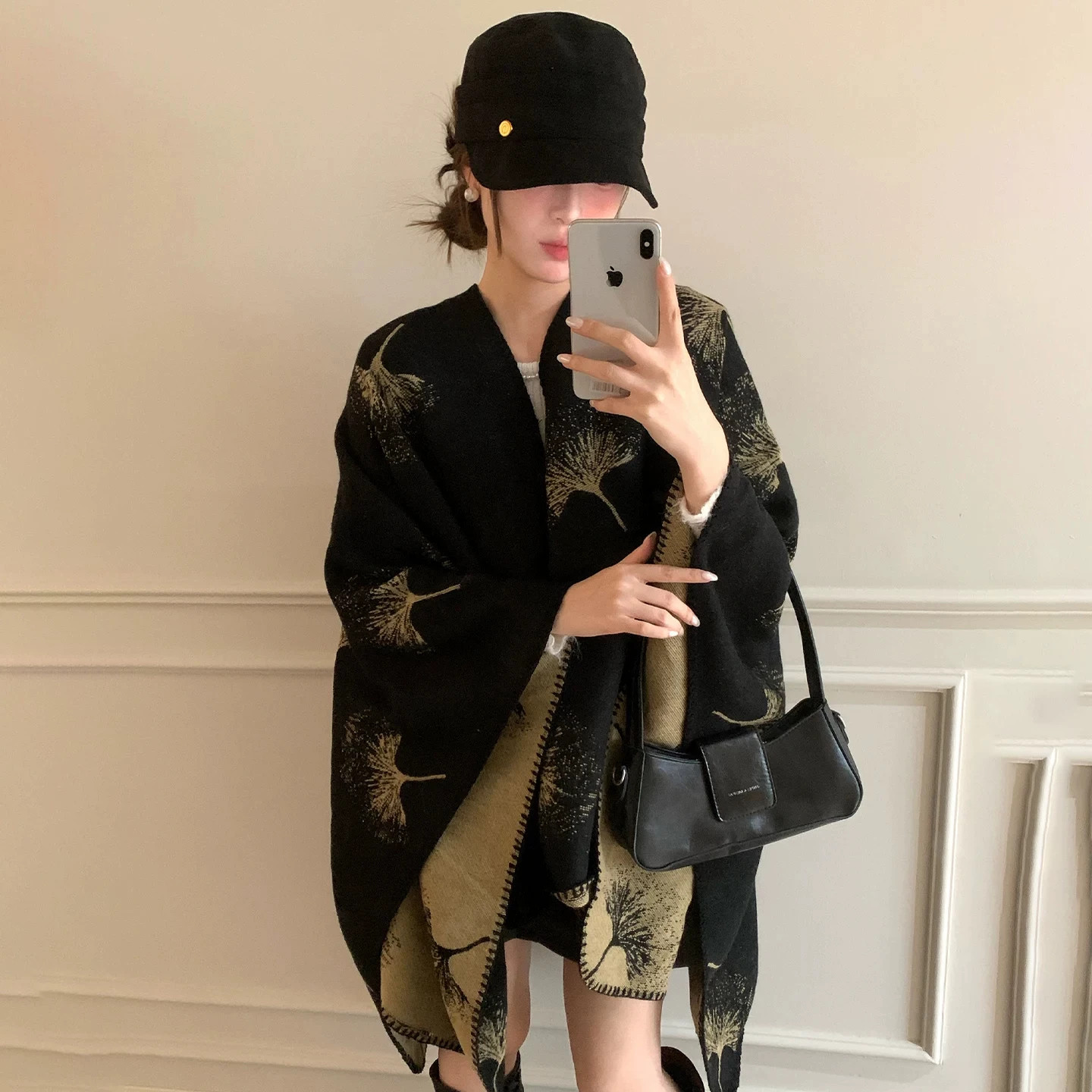 新中式银杏叶保暖针织披肩斗篷