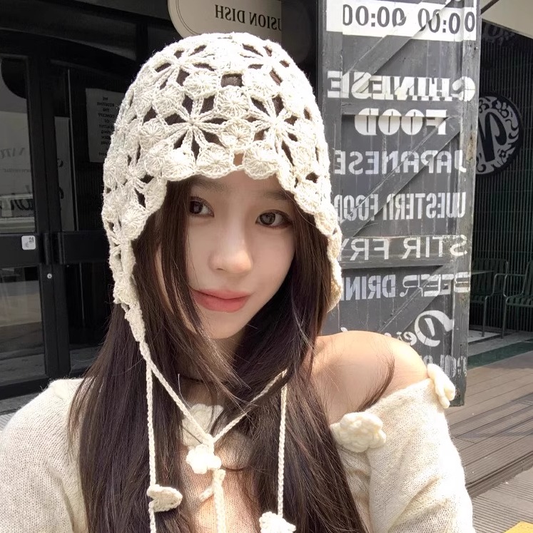 民族风手工镂空针织帽子女秋冬季保暖套头毛线帽护耳冷帽显脸小女