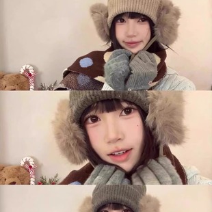 复古毛绒针织帽子女冬季大头围保暖加厚毛线帽耳罩一体滑雪护耳帽