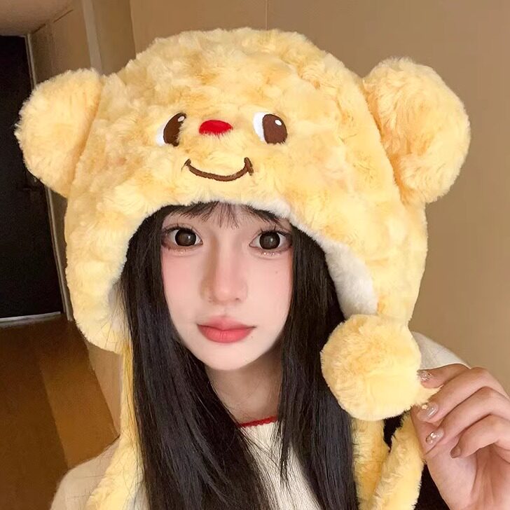 黄油小熊毛绒套头帽女秋冬保暖帽