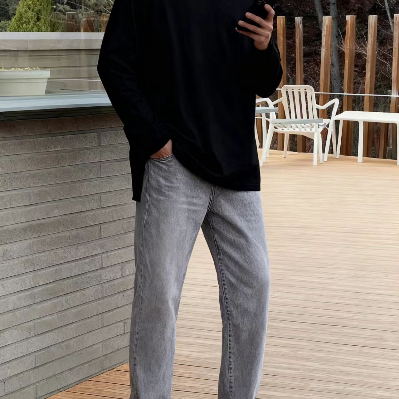 秋季纯色潮牌搭配设计感男修身内搭开衩长袖t恤男士套男装上衣服