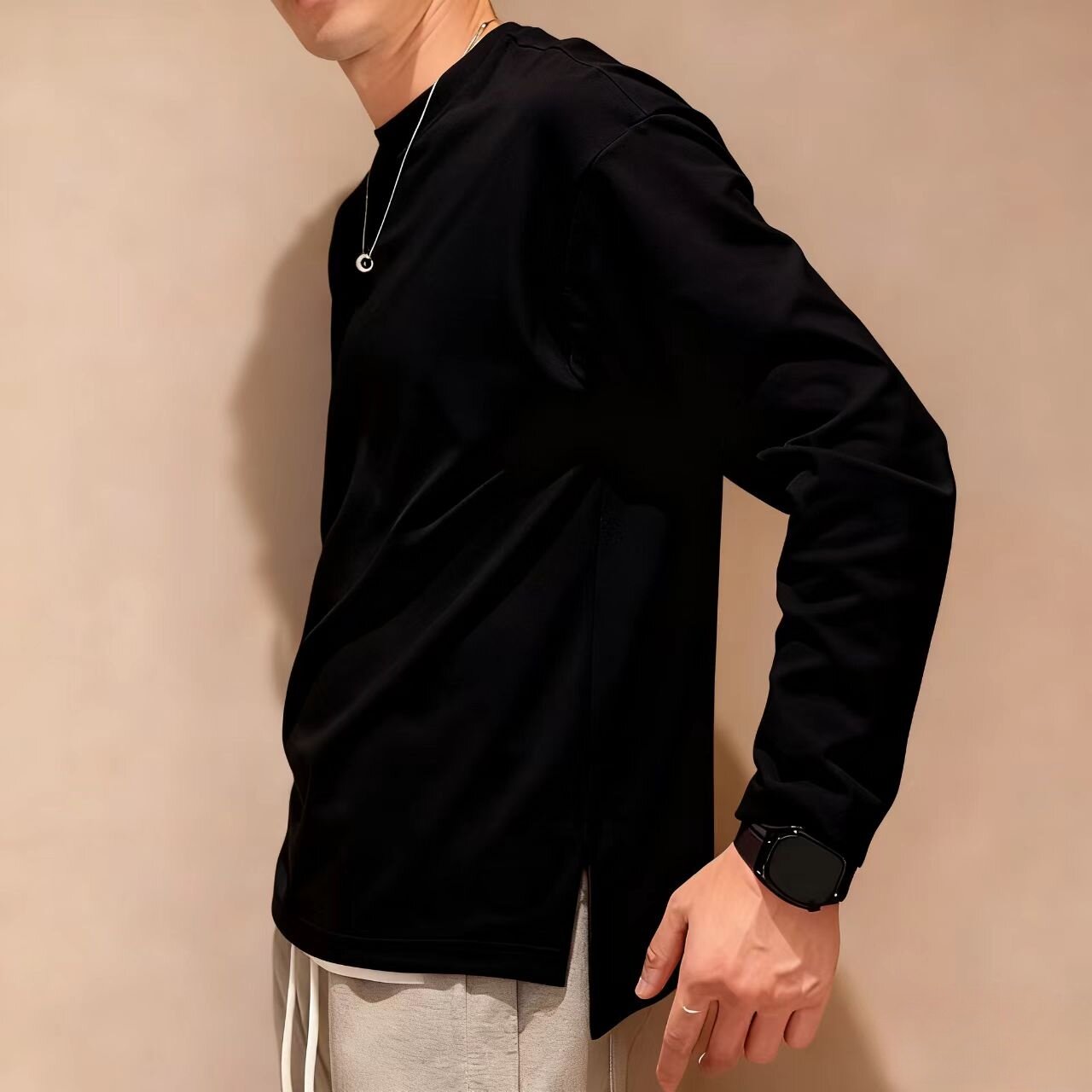 男装下摆开衩纯棉长袖t恤白色