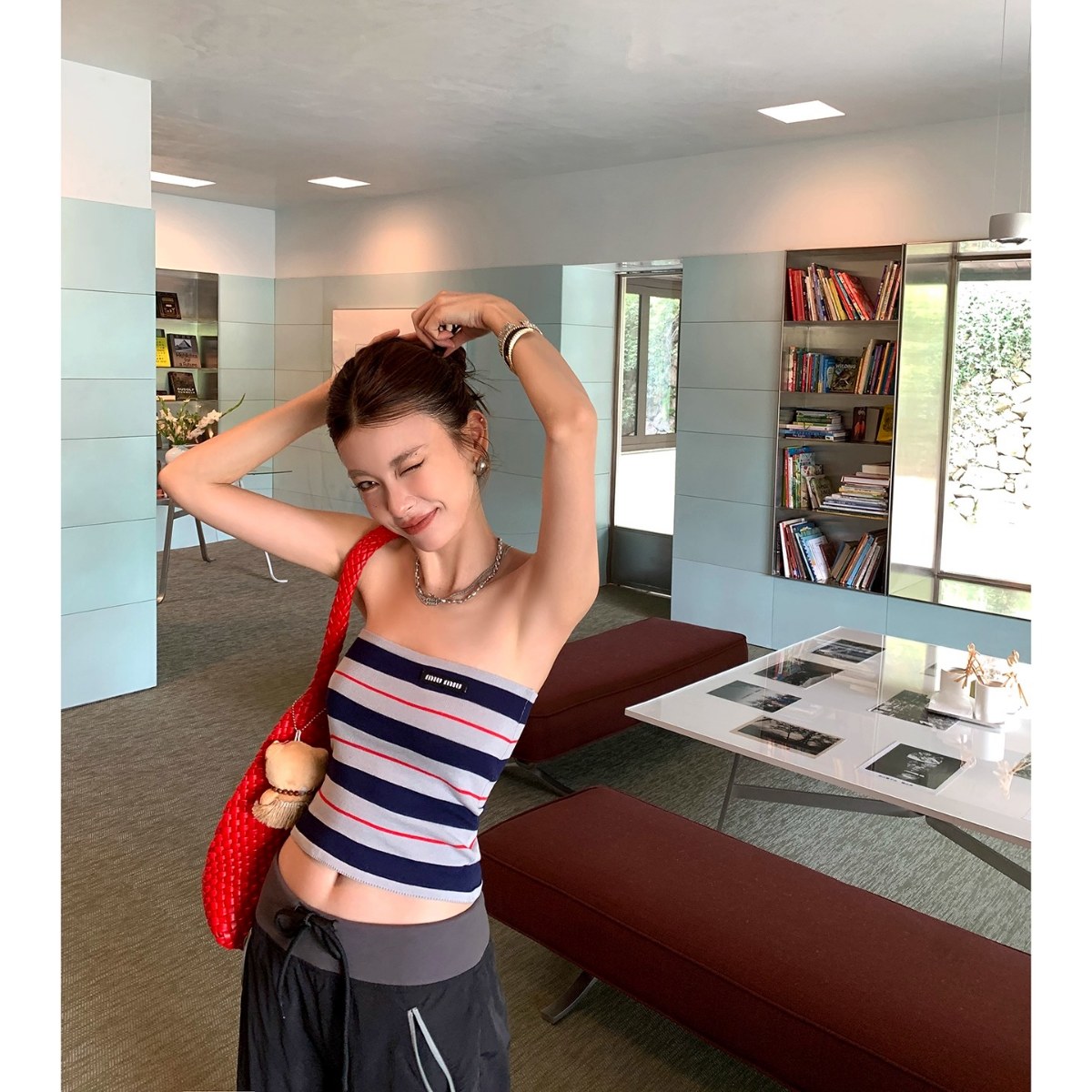 撞色条纹无袖抹胸背心女装2025夏季修身辣妹小众短款上衣阔腿裤子