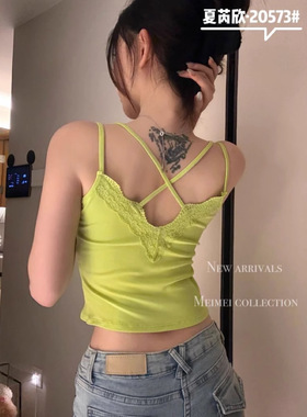 春夏蕾丝吊带背心带胸垫辣妹后背交叉美背甜辣外穿上衣20573