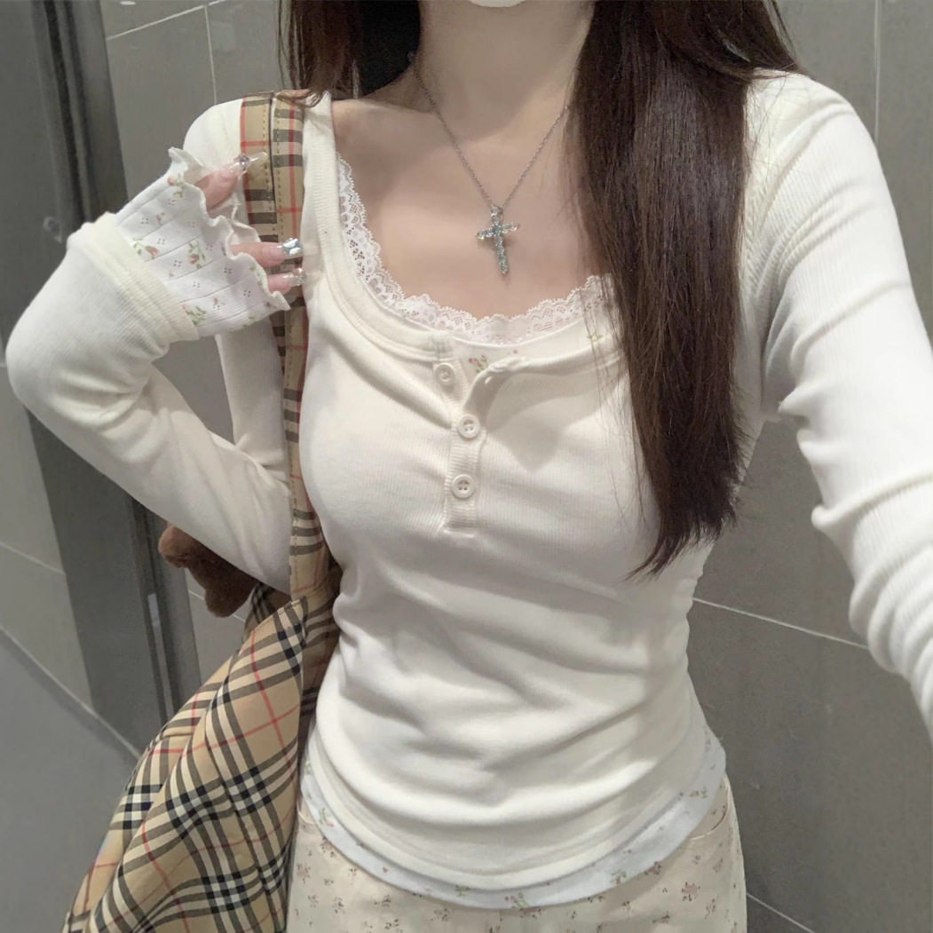 bm风蕾丝假两件U领长袖t恤女秋季修身拼接碎花别致绝美打底短上衣