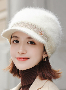 帽子女秋冬天韩版时尚加绒加厚护耳保暖鸭舌贝雷帽兔毛针织毛线帽