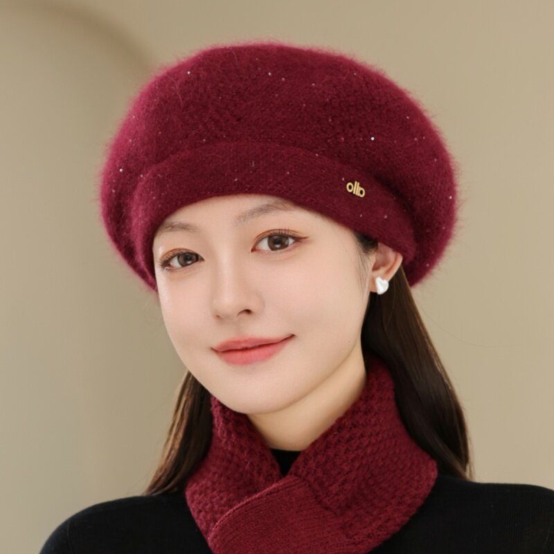 时尚保暖针织毛线贝雷帽子女冬季加厚百搭防寒中老年人兔毛包头帽