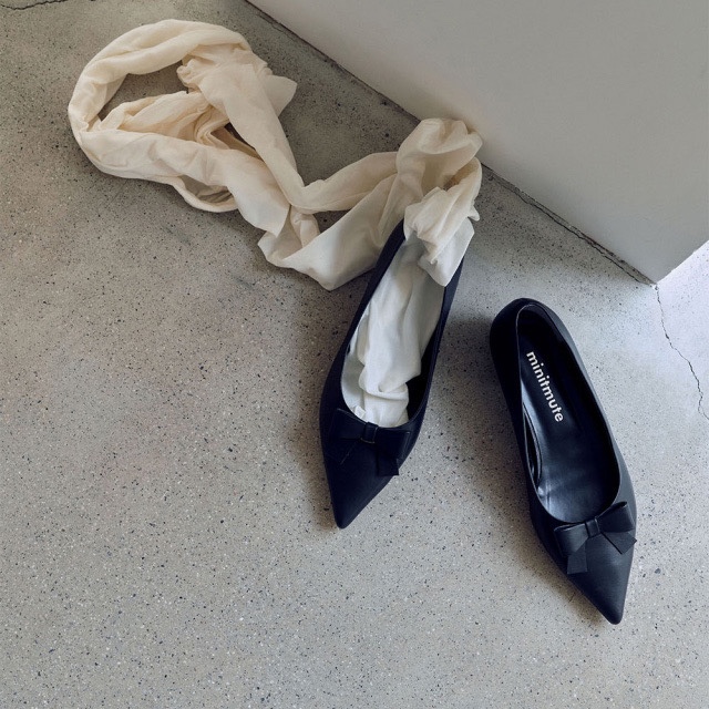 minitmute四季鞋蝴蝶结牛皮尖头中跟鞋ribbonretto shoes韩国直邮